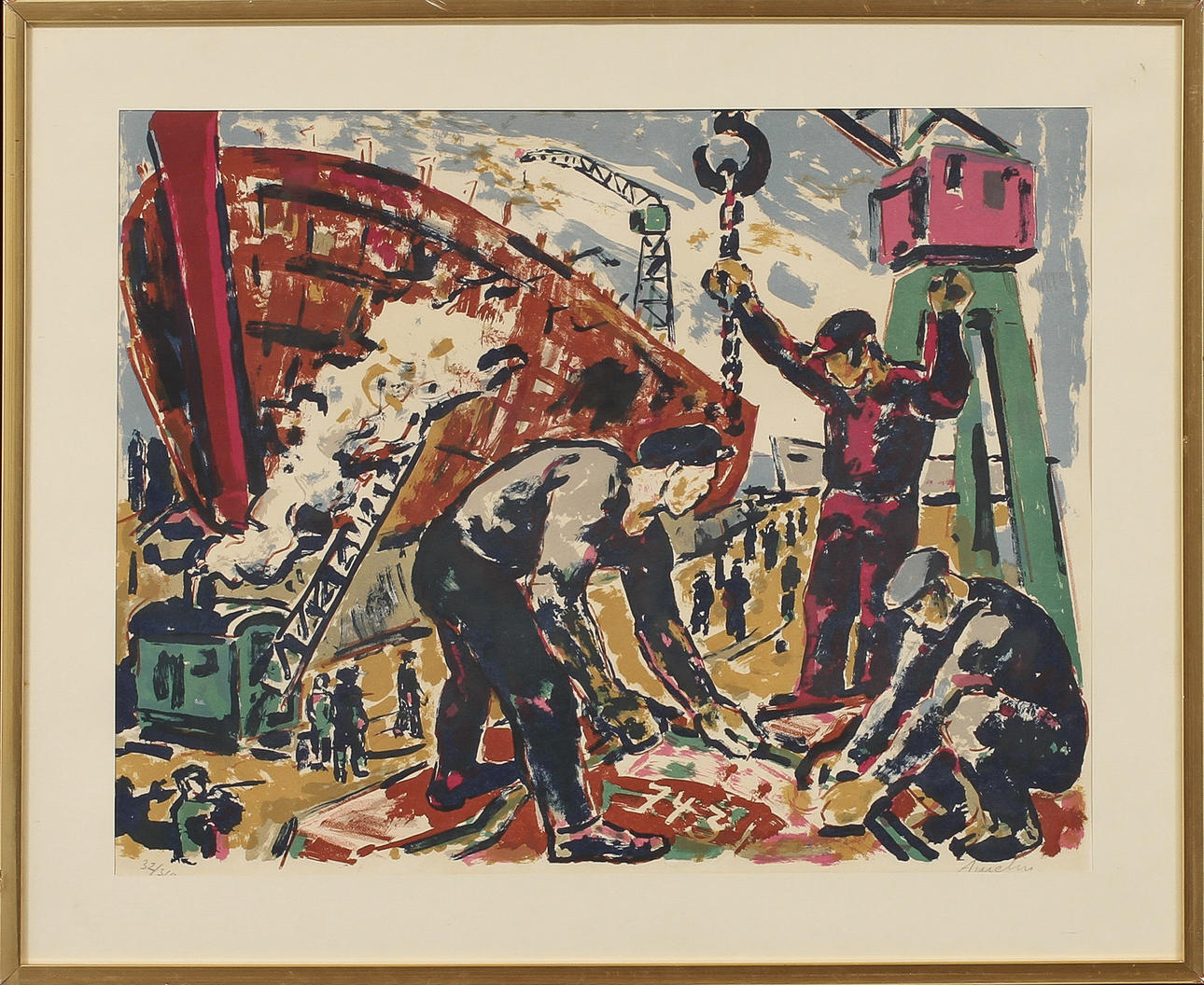 ALBIN AMELIN. Hamnarbetare, färglitografi, signerad och numrerad 32/360.