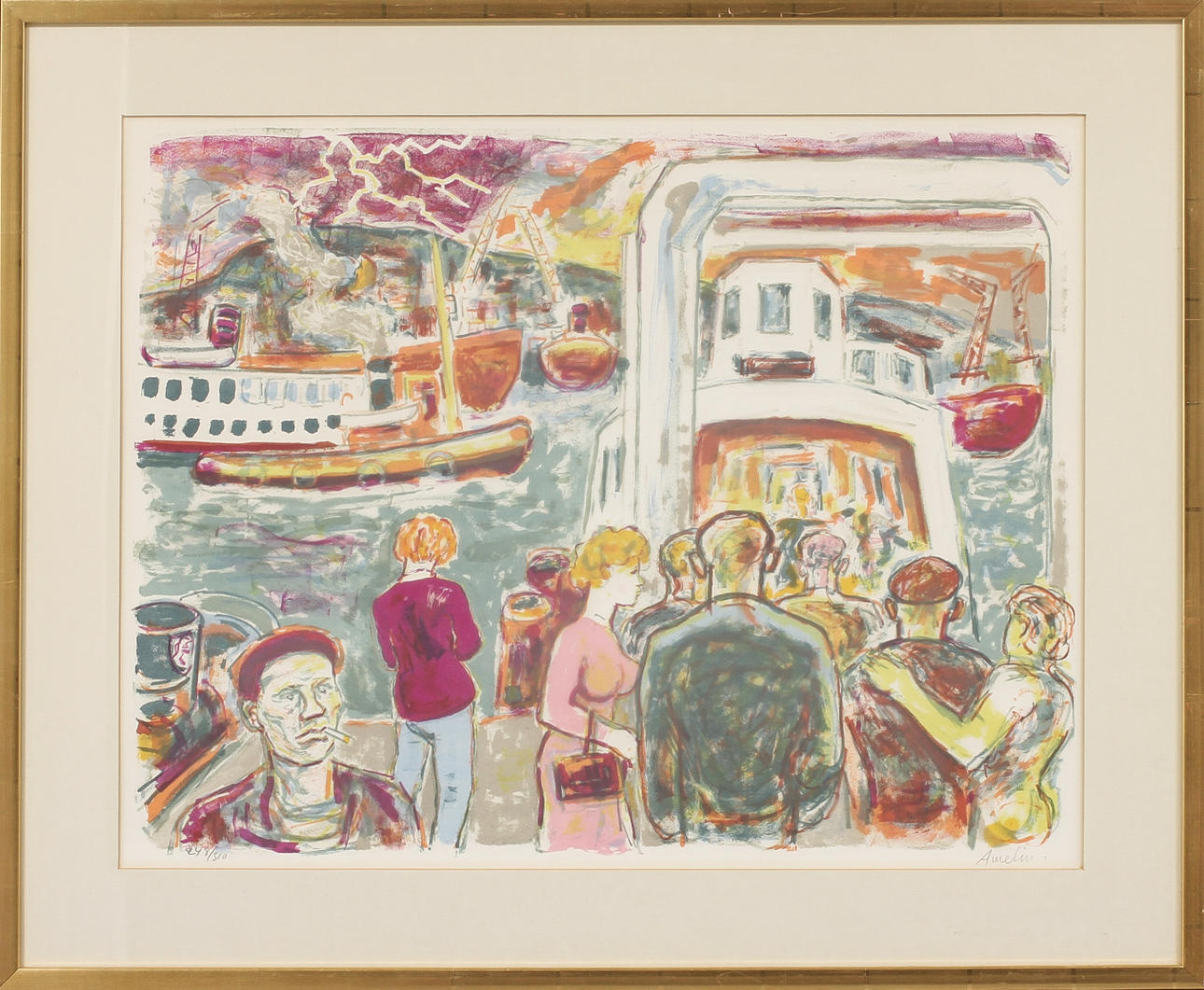 ALBIN AMELIN. Hamnbild med figurer, färglitografi, signerad och numrerad 2487310.