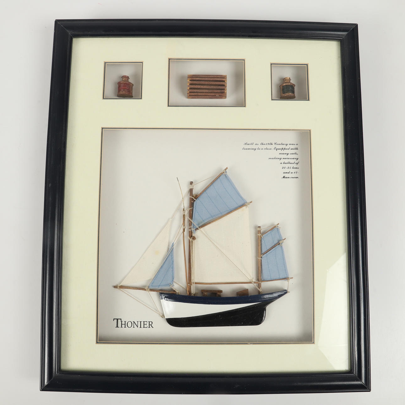 HALF-SHIP MODEL, “Thonier”, framed with accessories, 21st century.
