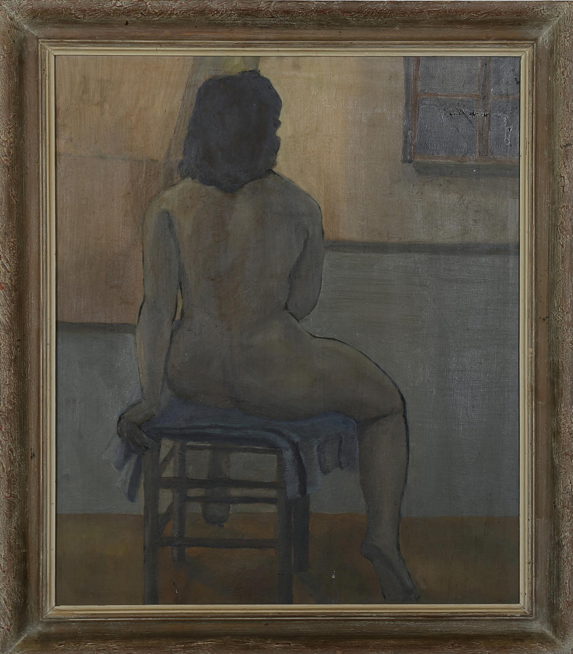 OKÄND KONSTNÄR. Olja på pannå, nakenstudie, kvinna på pall, osignerad.