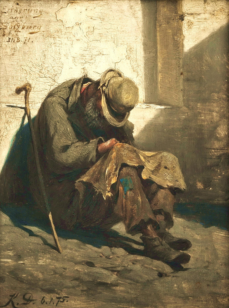 MONOGRAMMIST K.D. (19. JHD.). ”Tiggaren sitter mot en husvägg med huvudet sjunkit framåt”.