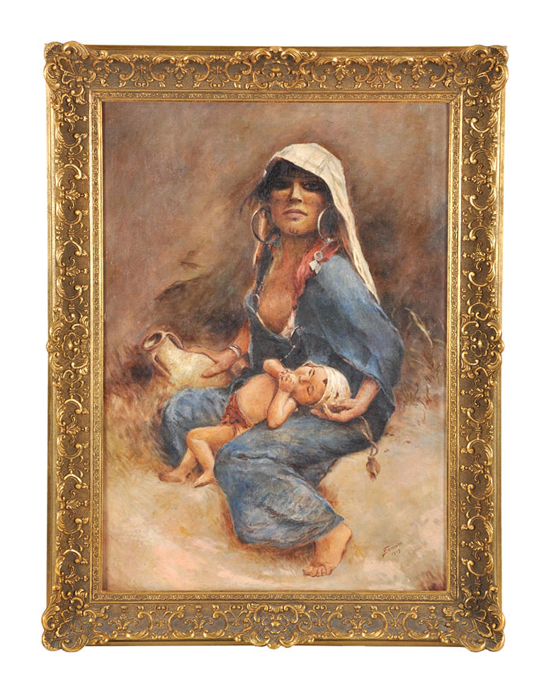 SIGNIERT T. SOMMER. Porträtt av en sydlänning med en bebis och en vattenkanna.