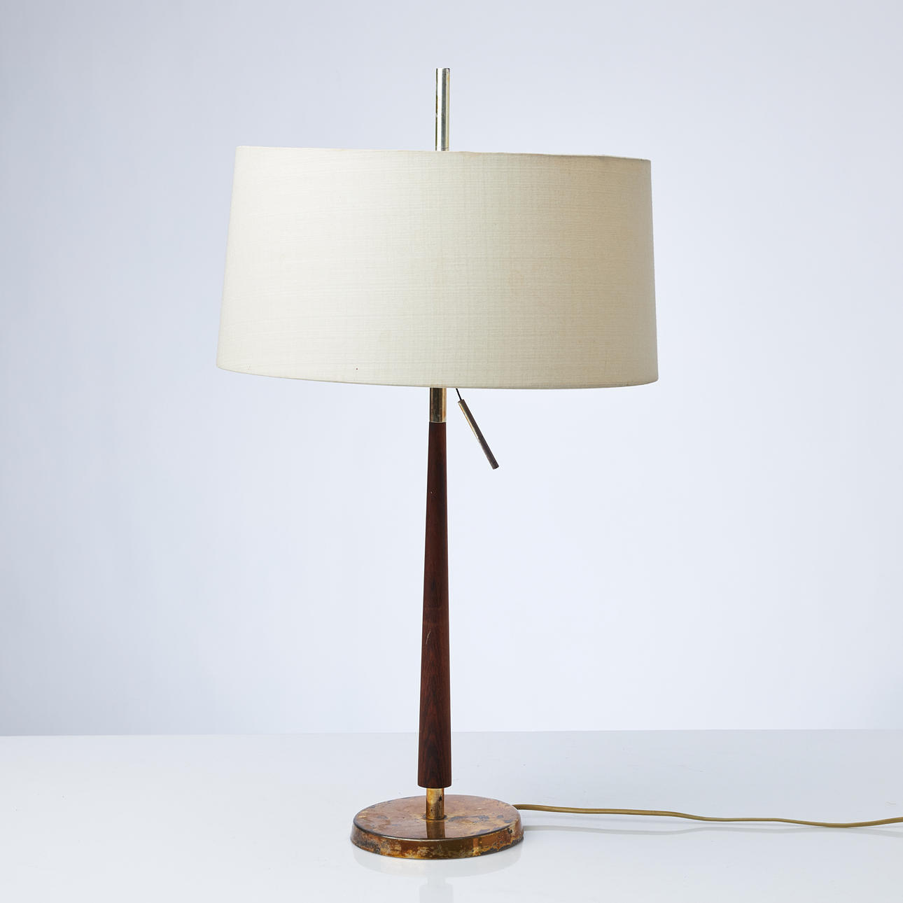 TH VALENTINES. Table lamp, Denmark, marked THV 166, handle in teak, brass and silver-plated details, 1960s.