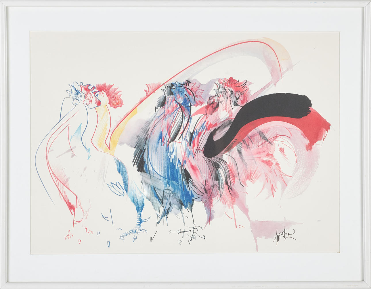 RAYMOND MORETTI. Print, motif of roosters, signed in the print.