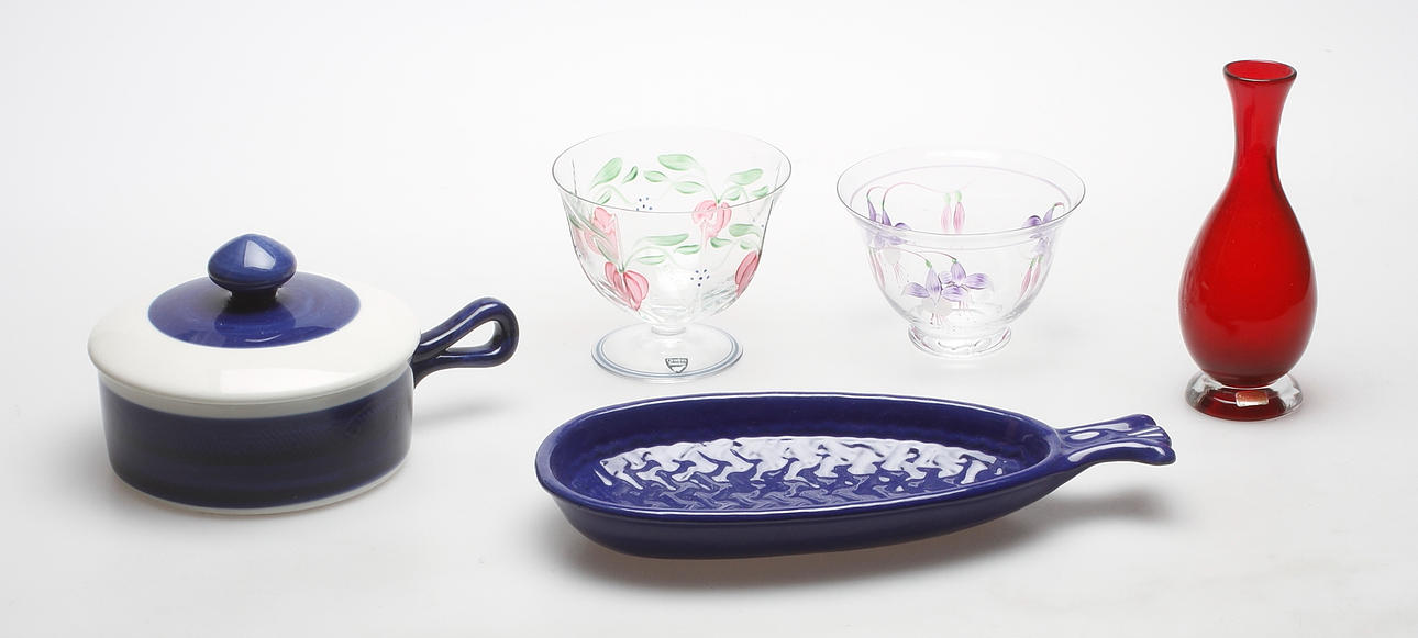GLAS OCH KERAMIK, 5 delar, Reijmyre, Orrefors, Rörstrand, Krukmakaren Höganäs.