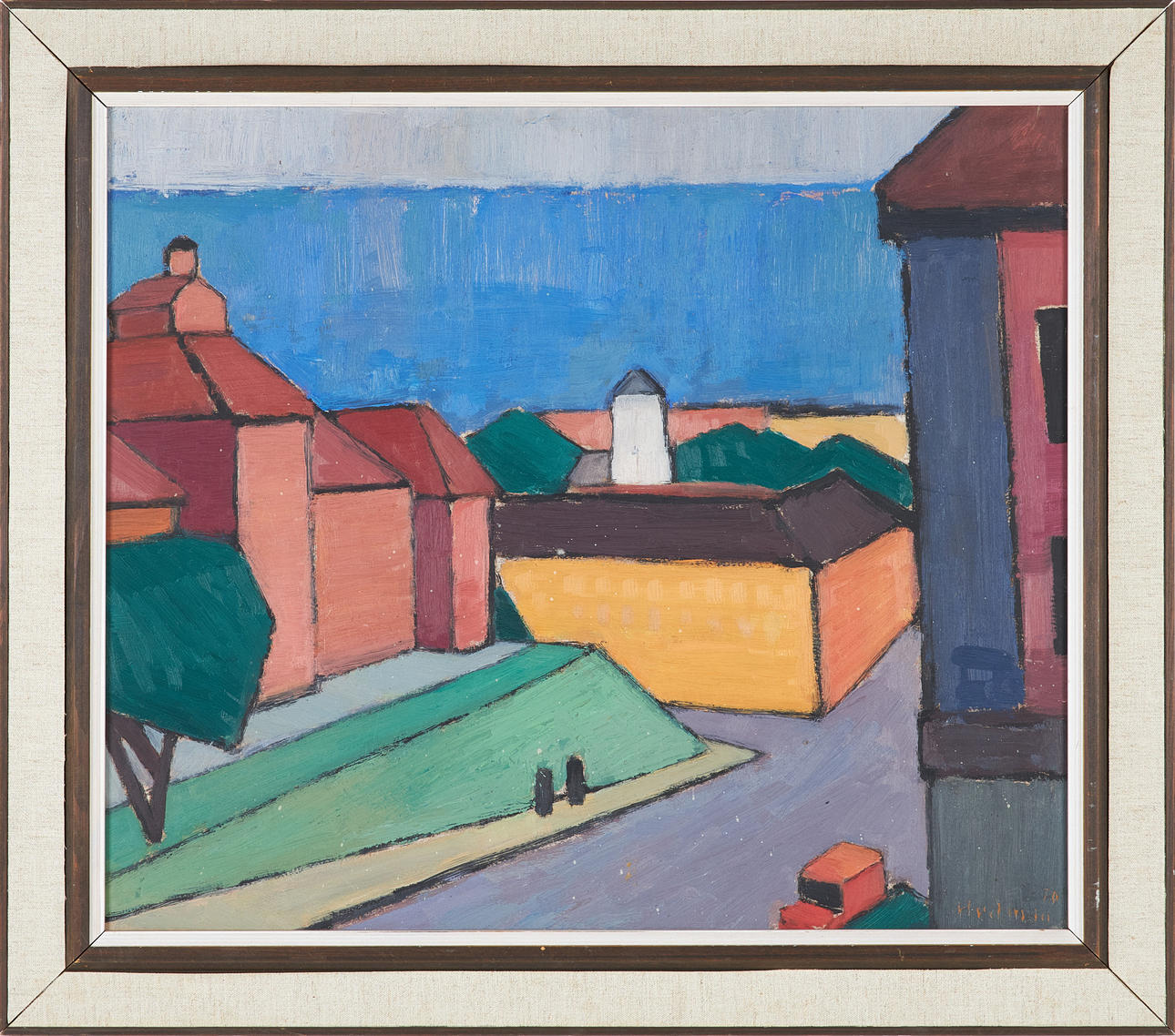 JOHN HEDMAN, rooftops, oil on panel, signed and dated.