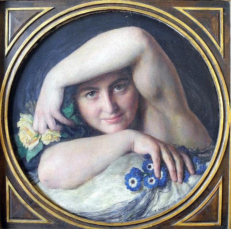 ALFRED SCHWARZSCHILD. TILLSKRIVEN. flicka med blå blommor målning.