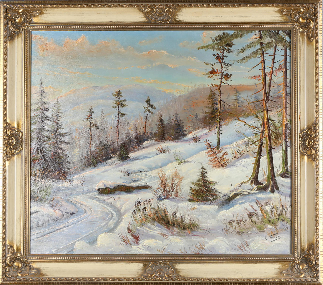 ERNST FRIIS. Vinterlandskap, olja på duk, signerad E Friis.
