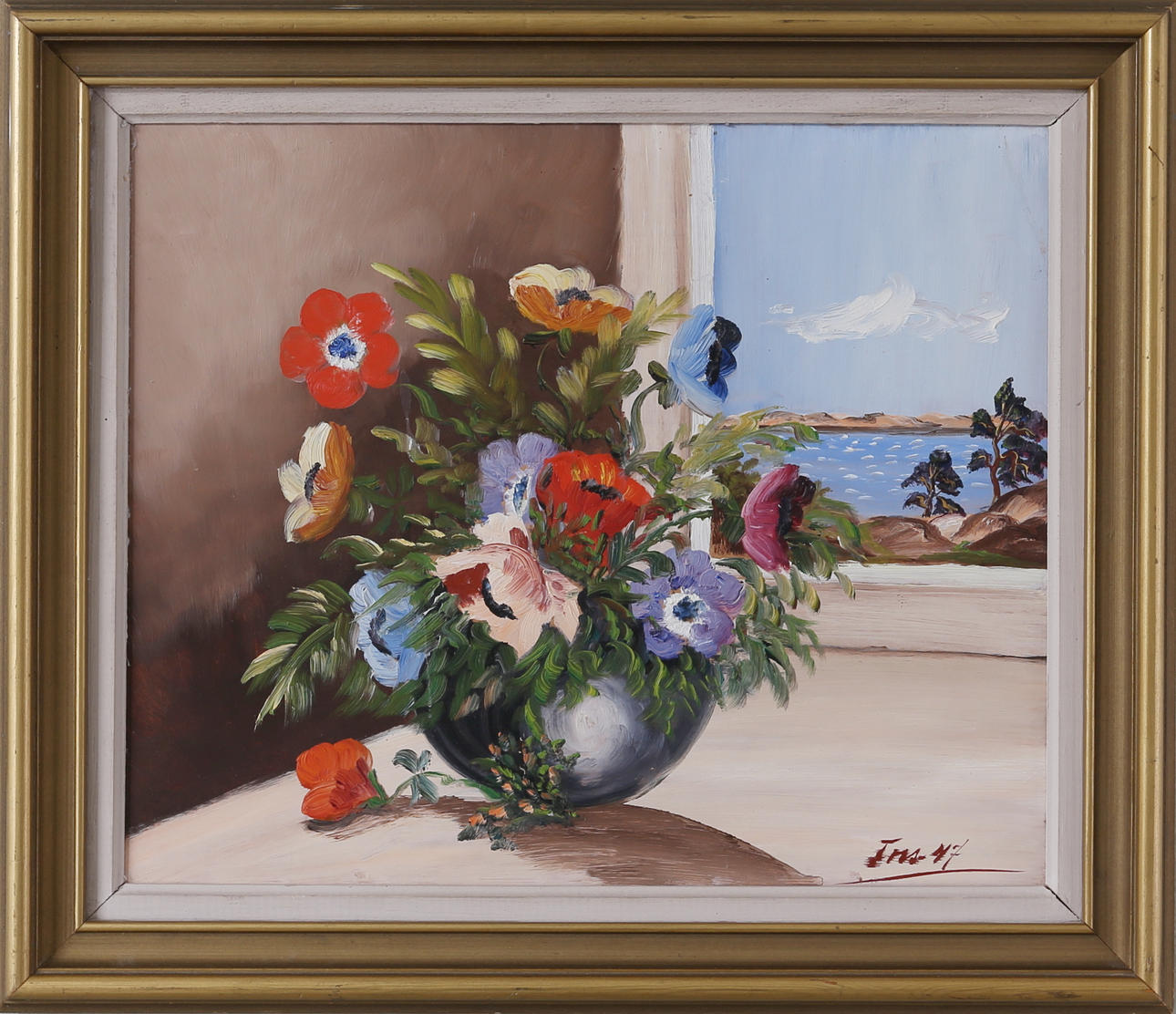 OIDENTIFIERAD KONSTNÄR. Blomsterstilleben, olja på pannå, signerad och daterad -47.