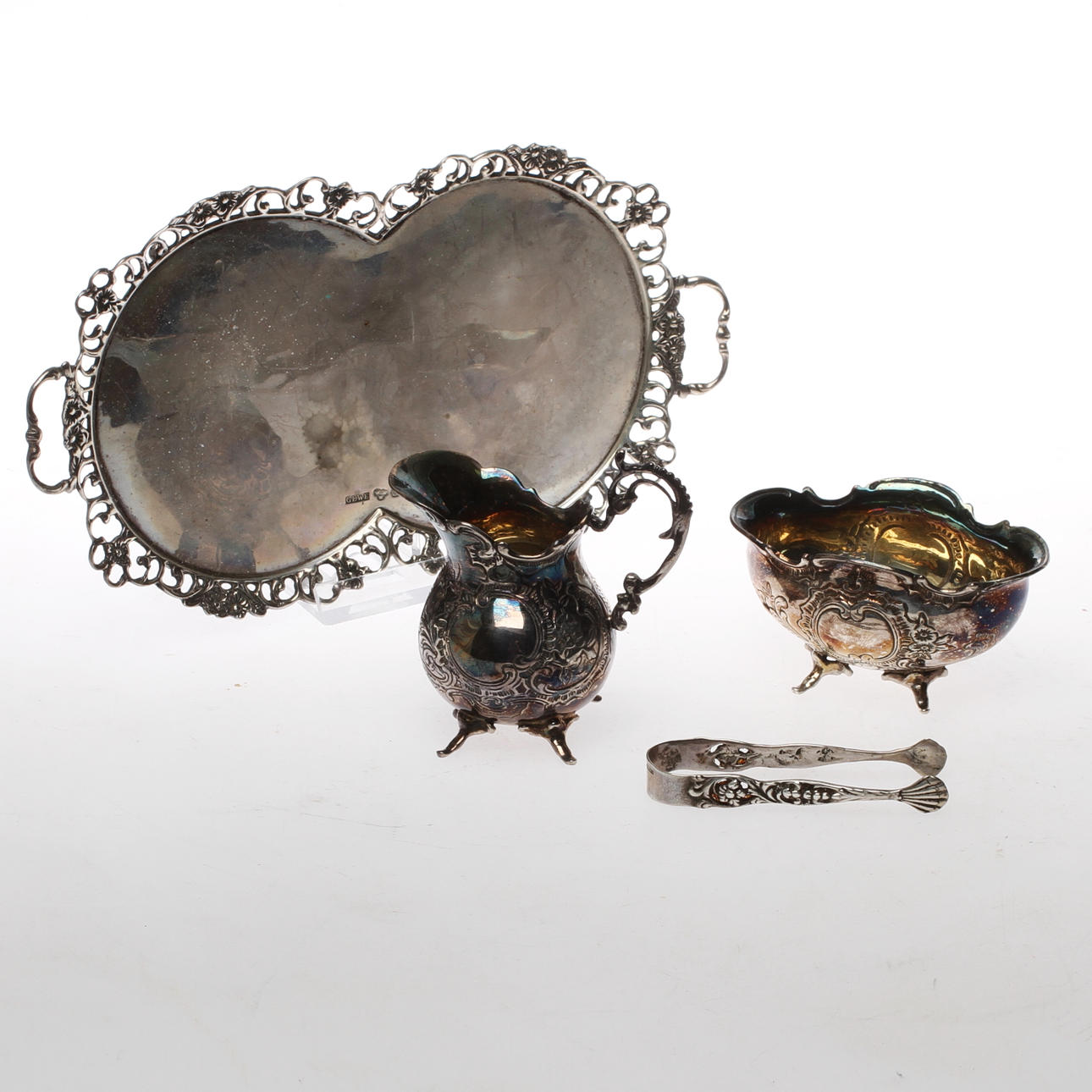 GRÄDDKANNA, SOCKERSKÅL samt BRICKA, silver, Gewe, Malmö, 1950/60-tal.