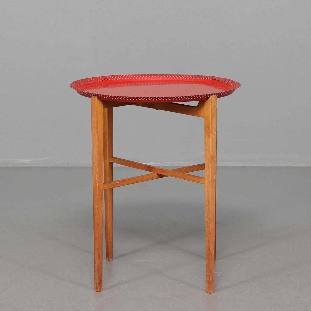 A beech and metal tray table, mid 20th century.