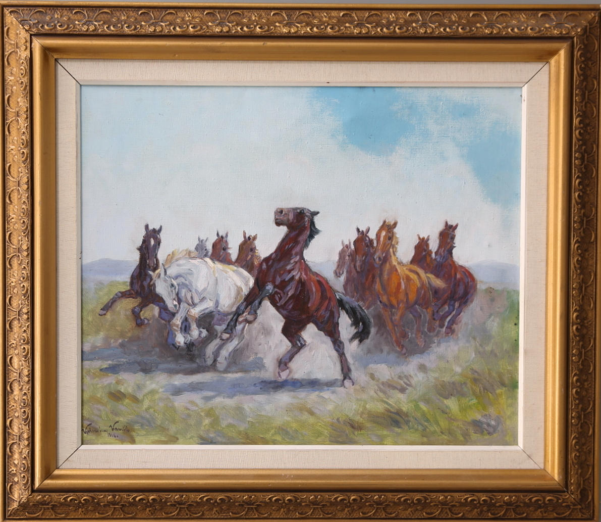 KAMILLO KOLOZSVARY. olja på duk, hästar, signerad och daterad.