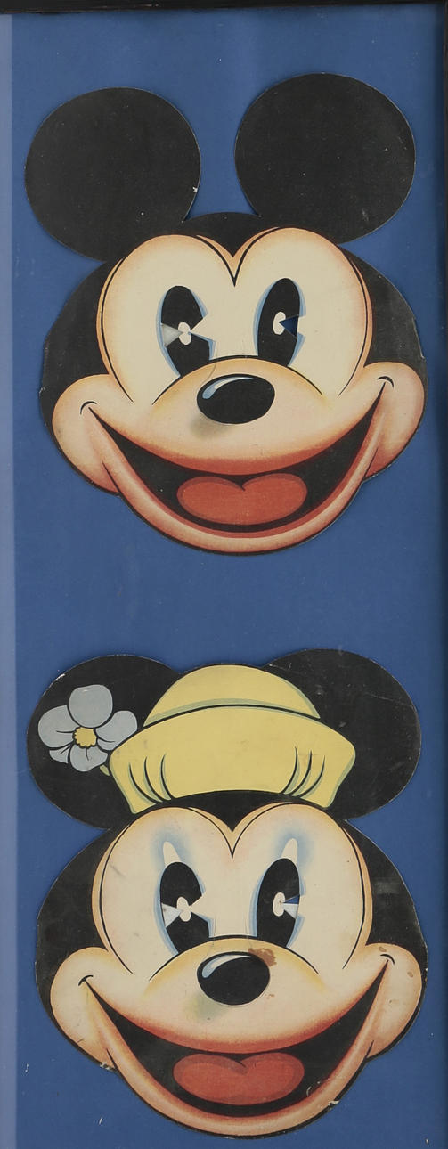 Zwei Werbemasken von Mickey und Minnie Mouse, 1933.
