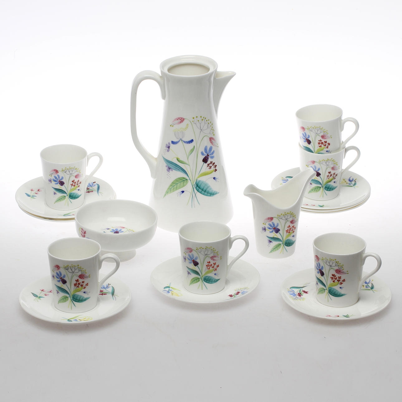 MOCCASERVIS, 9 delar, porslin, "Florett" Stig Lindberg Gustavsberg.