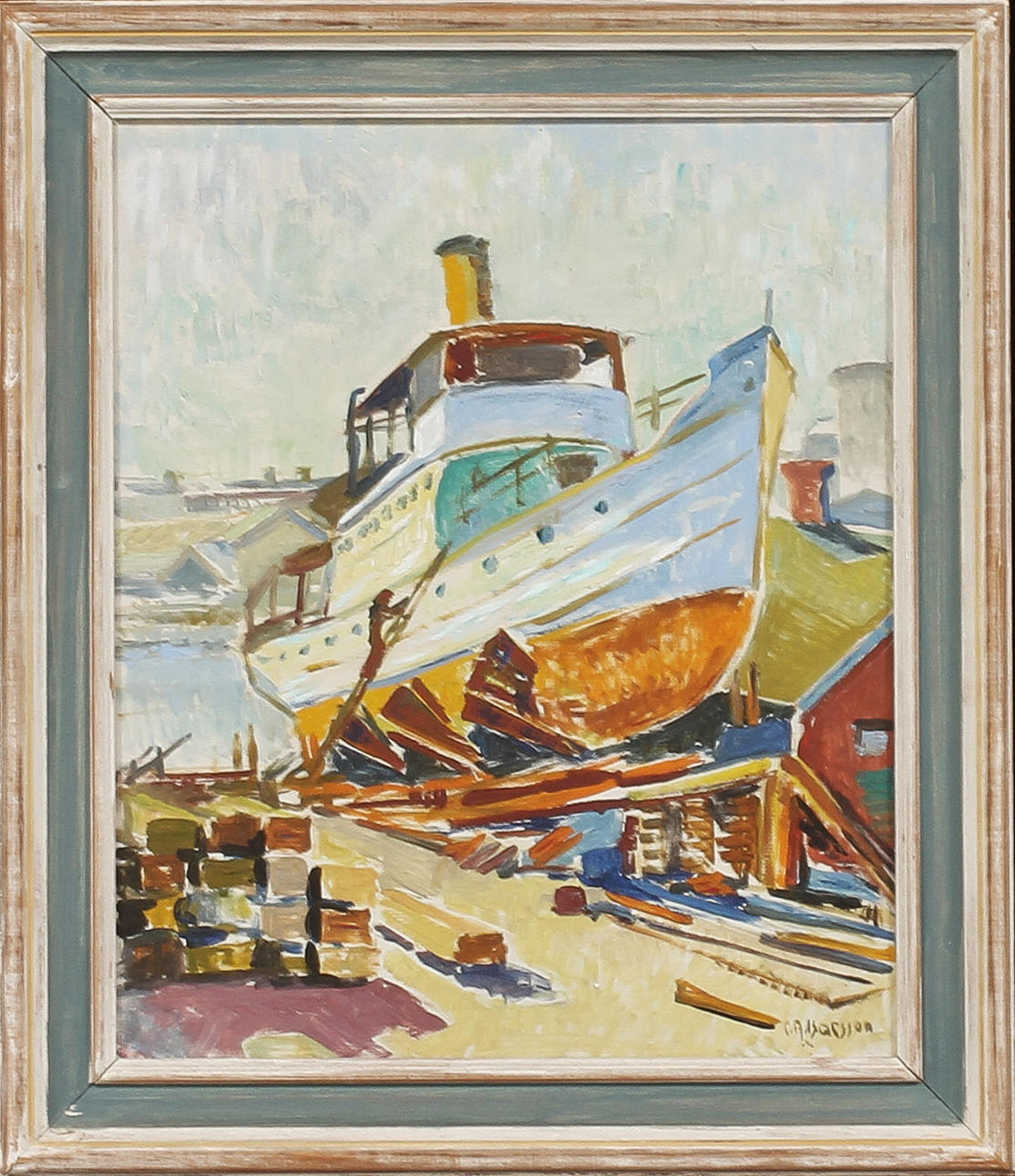 ARNE ISACSSON. Båt på varv. Olja på pannå, signerad.