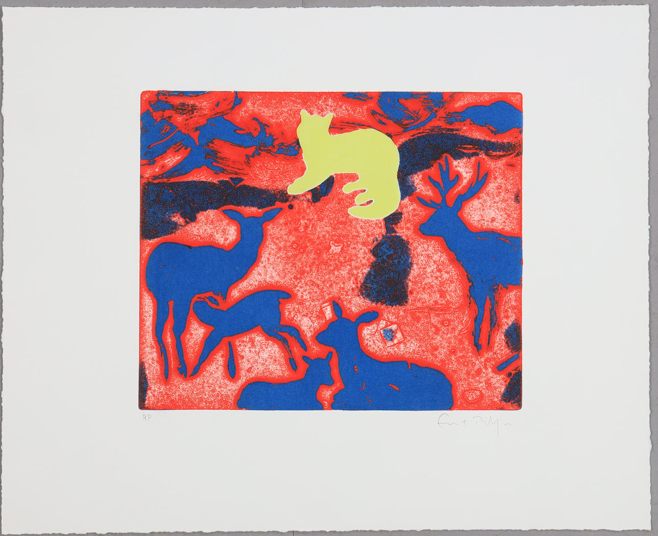 ERNST BILLGREN. Composition with yellow cat, etching, unleaved leaf.