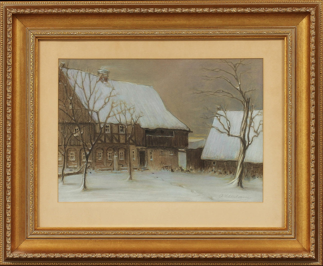 OIDENTIFIERAD KONSTNÄR. Gård i vinterskrud, pastell, signerad a Schönberner.