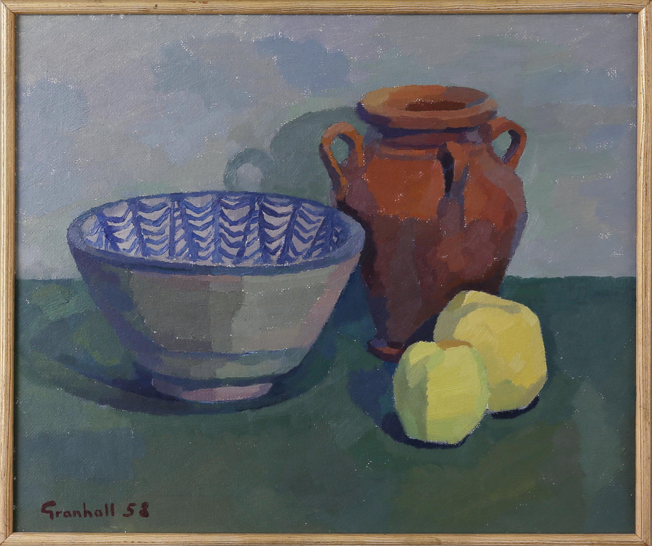 ARNE GRANHALL. "Äpplen och spansk keramik", olja på pannå, signerad och daterad -58.