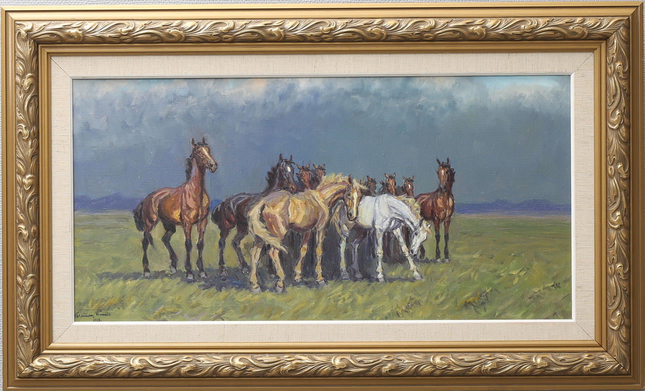 KAMILL KOLOSZVARY. Flock hästar, olja på duk, signerad.
