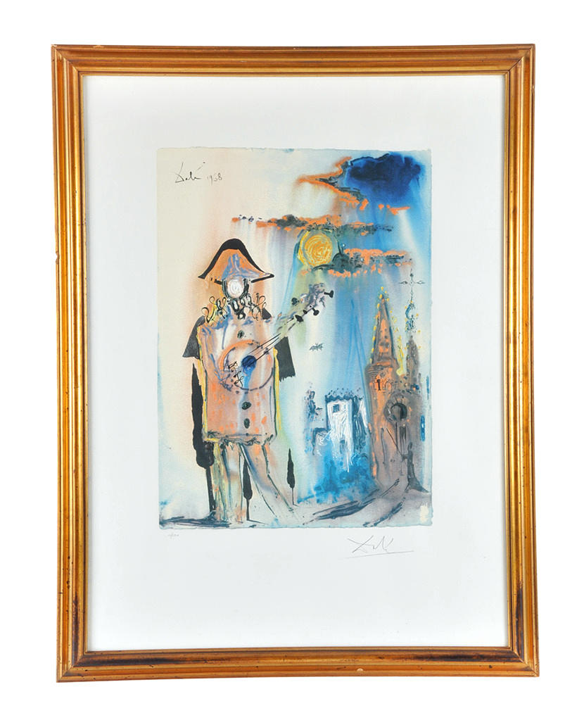 SALVADOR DALI. TILLSKRIVEN. Medeltida musiker framför solbelysta slott.