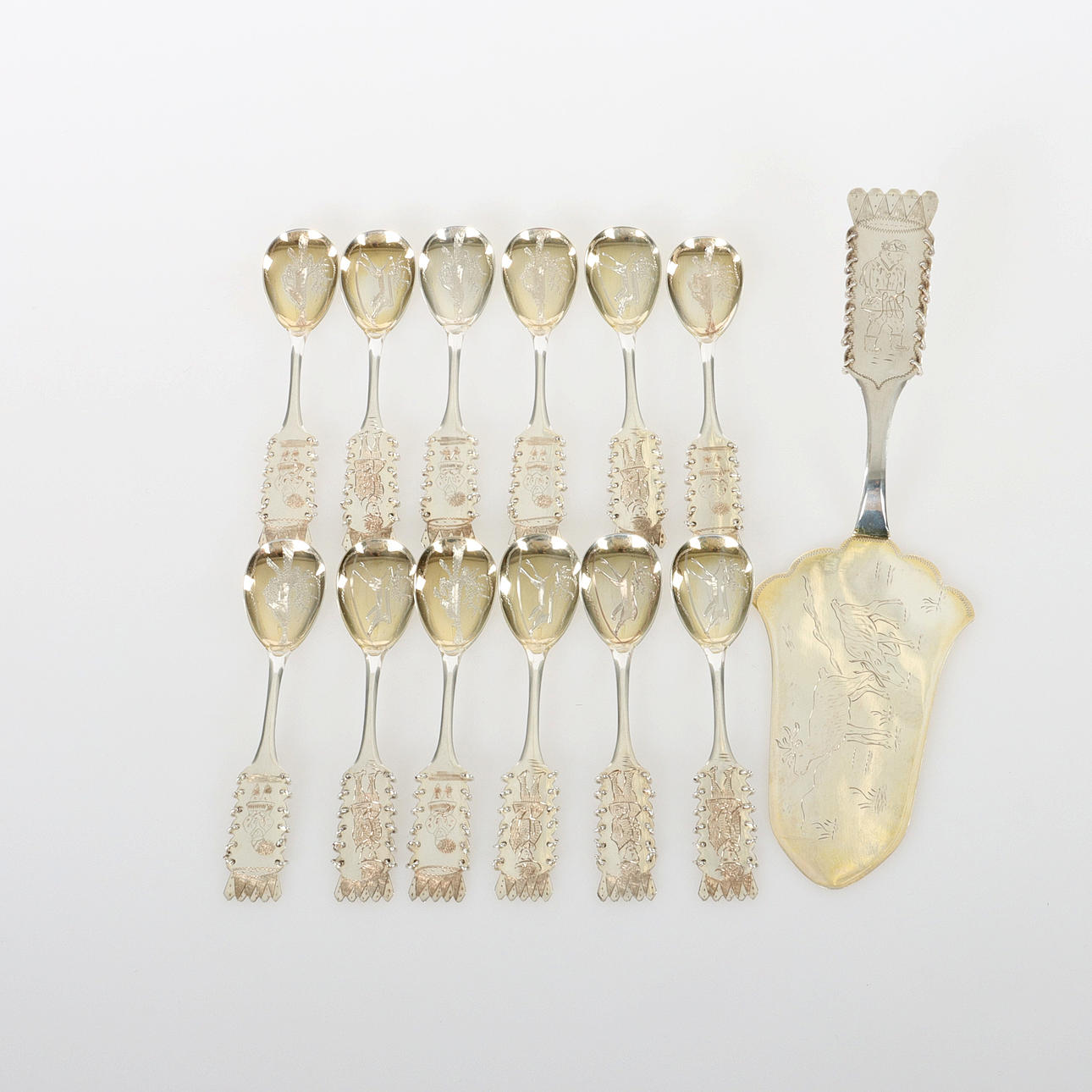 SAMI SPOONS & CAKE SPADE, 13 pieces, silver, Haparanda, 1970/71.