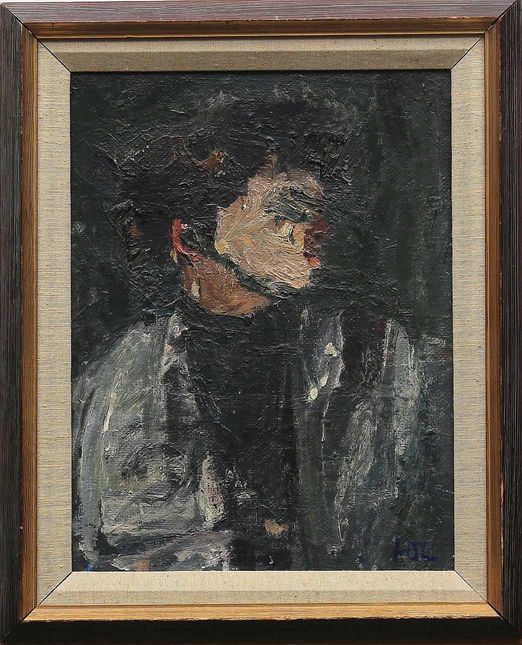 HANS OSVALD LARSSON. Porträtt av en man, olja på pannå, signerad HOS.