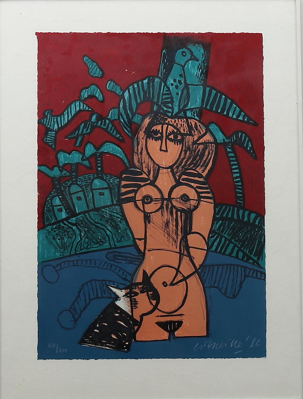 CORNEILLE. Modell med katt, färglitografi nr 118/200, Signerad och daterad -82.