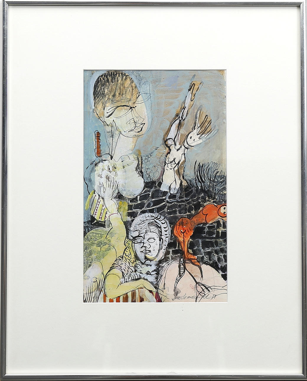 OLLE SVANLUND. Gouache, Composition with people, signed and dated -77.