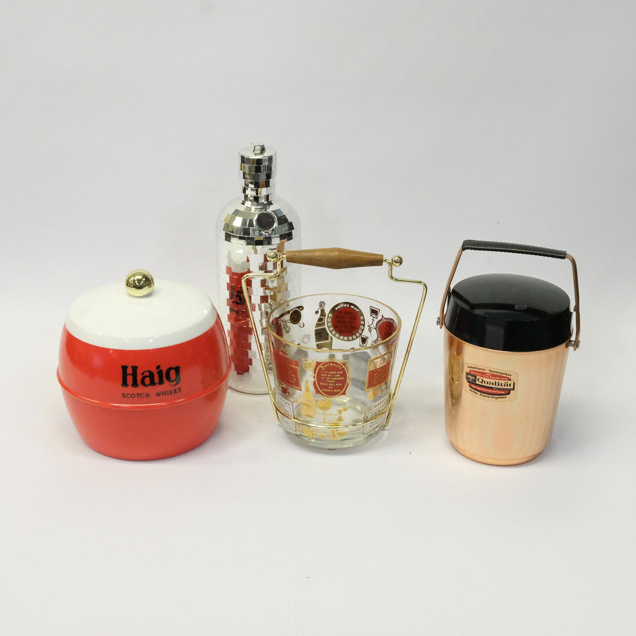 THREE ICE BUCKETS AND BOTTLE CASES, 1970S.