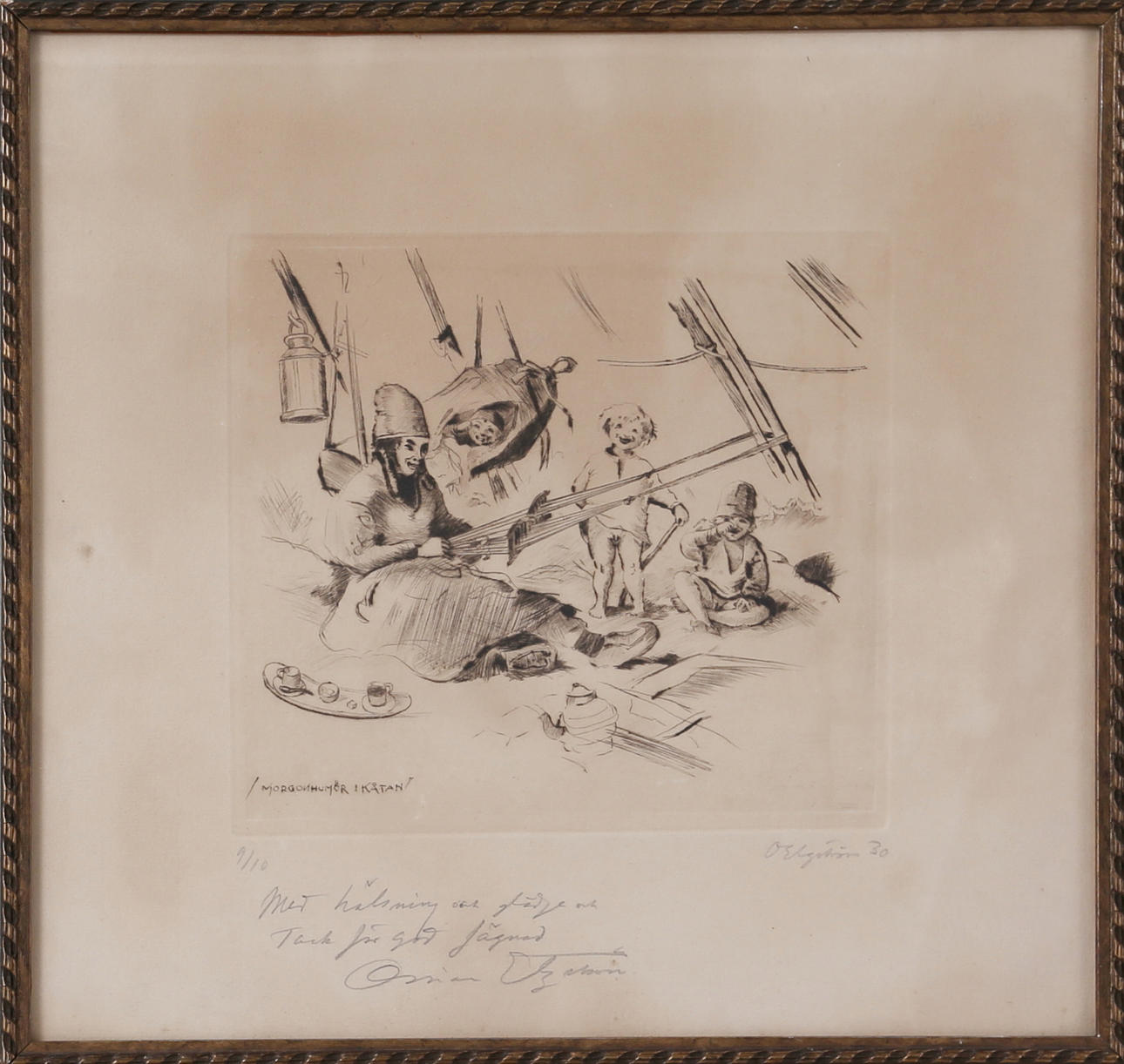 OSSIAN ENGSTRÖM. "Morgonhumör i kåtan", grafiskt blad, signerad och daterad -30.