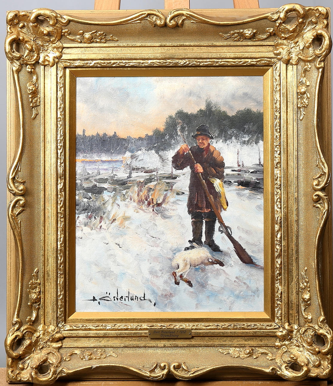 BERT ÖSTERLUND. Motiv av jägare, olja på duk, signerad B Österlund.