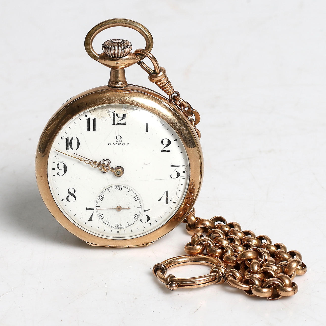 FICKUR, Omega, gulddouble. KLOCKEDJA, 14k guld, vikt 14 gram. 1900-talets början.