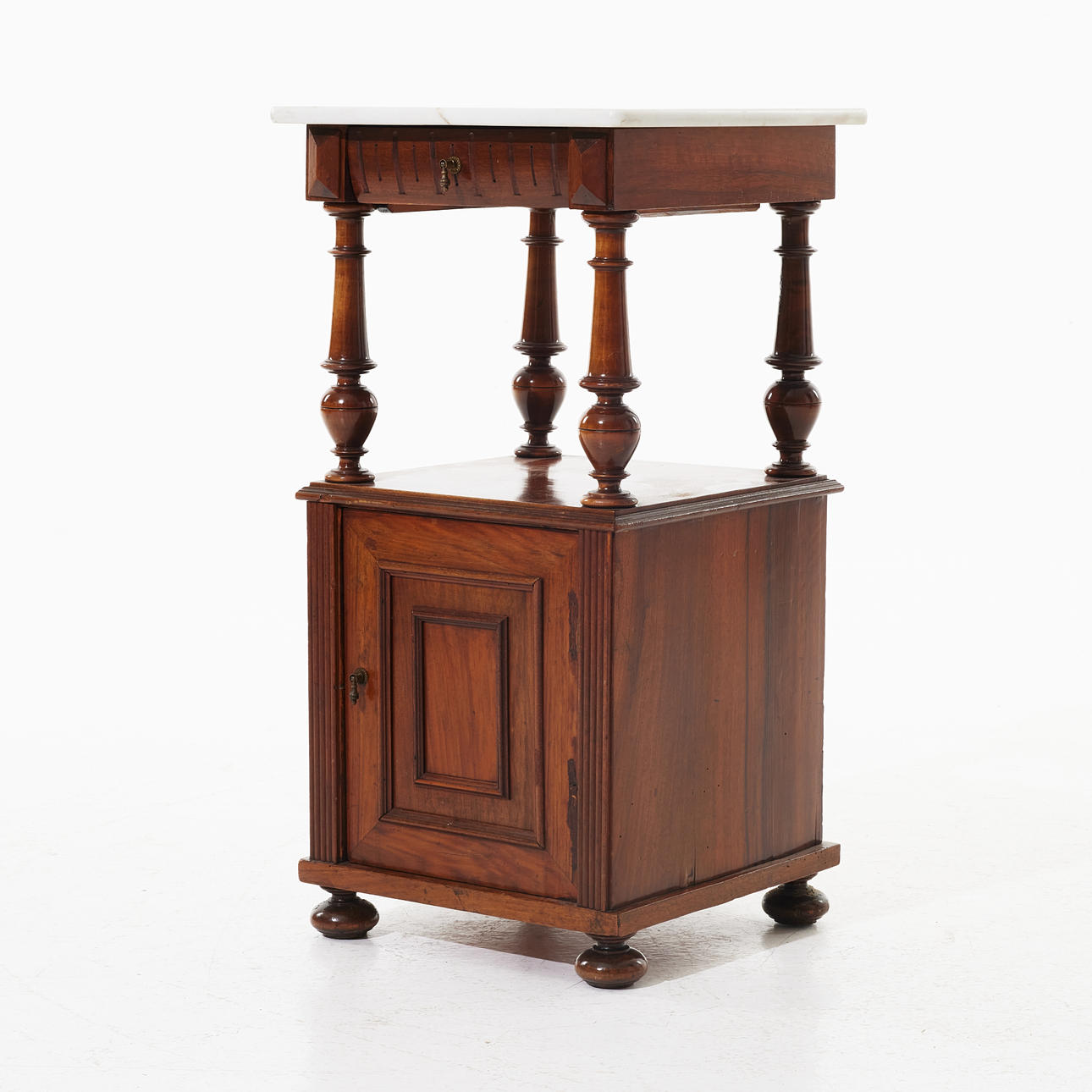 BEDSIDE TABLE, Renaissance style, 20th century, walnut veneer, marble top, a pull-out drawer and cabinet part.