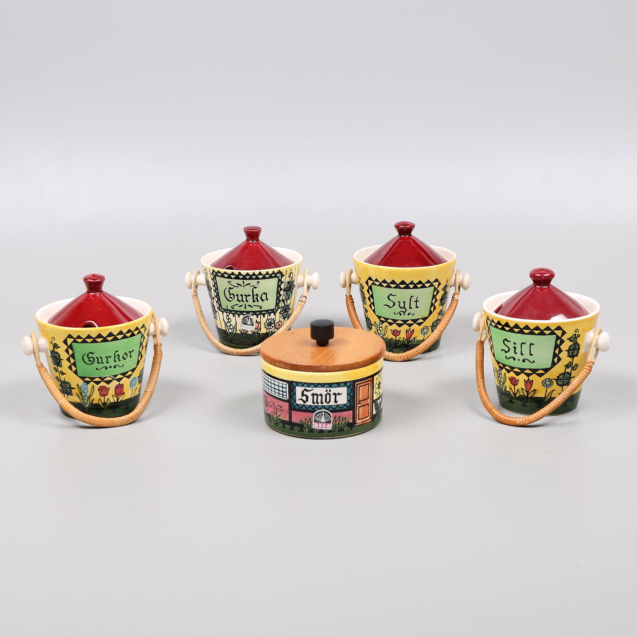 5 DEKOGLÄSER MIT DECKEL, Hälsingborg, 1960er.