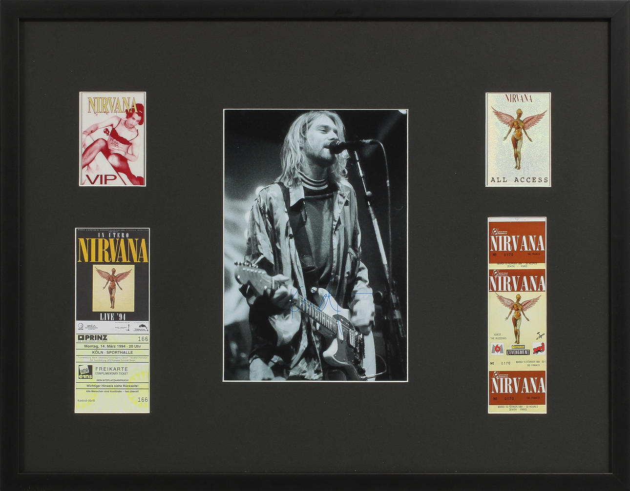 FOTOGRAFI, autograf, Kurt Cobain samt konsertbiljett från februari 1994 med VIP-kort, Autencitetsintyg från AFTAL medföljer.