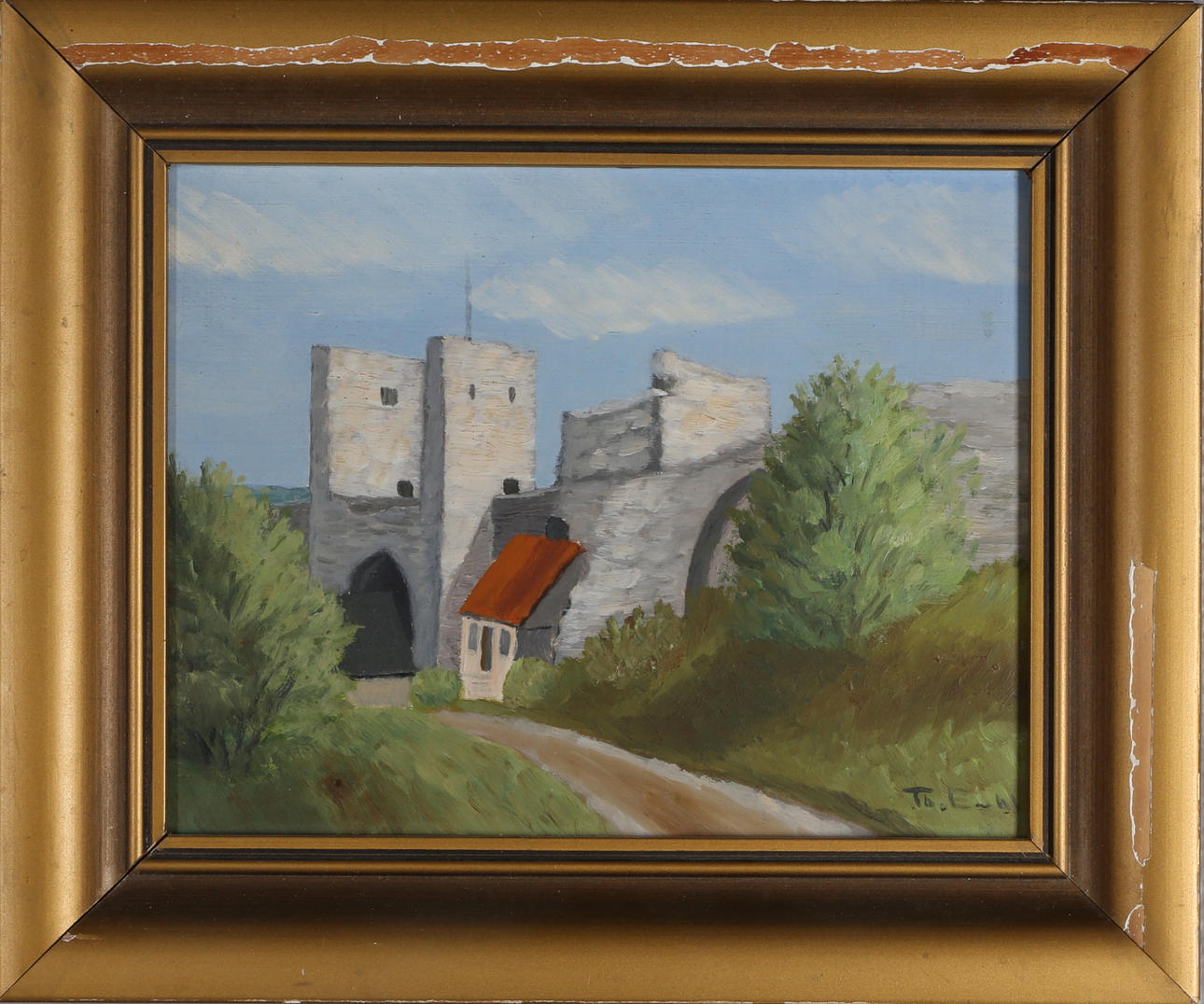 OIDENTIFIERAD KONSTNÄR. Visby ringmur, olja på pannå, signerad.