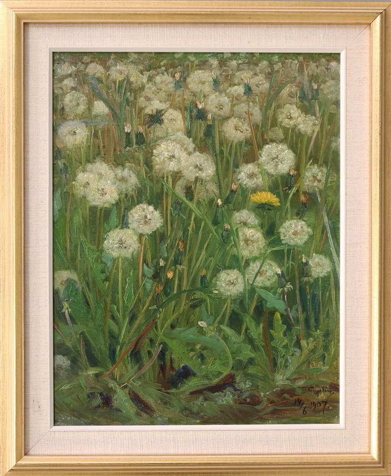 ERIK TRYGGELIN. Olja på pannå, maskrosor, signerad, daterad 15/6 1907.