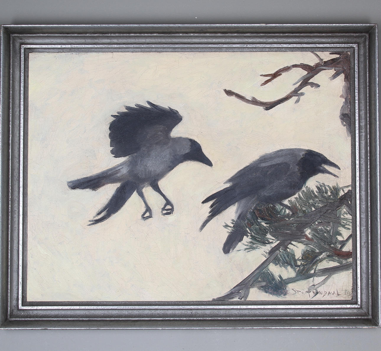 MOSSE STOOPENDAAL. Kråkor vid barrträd. Oljemålning på duk. Signerad.