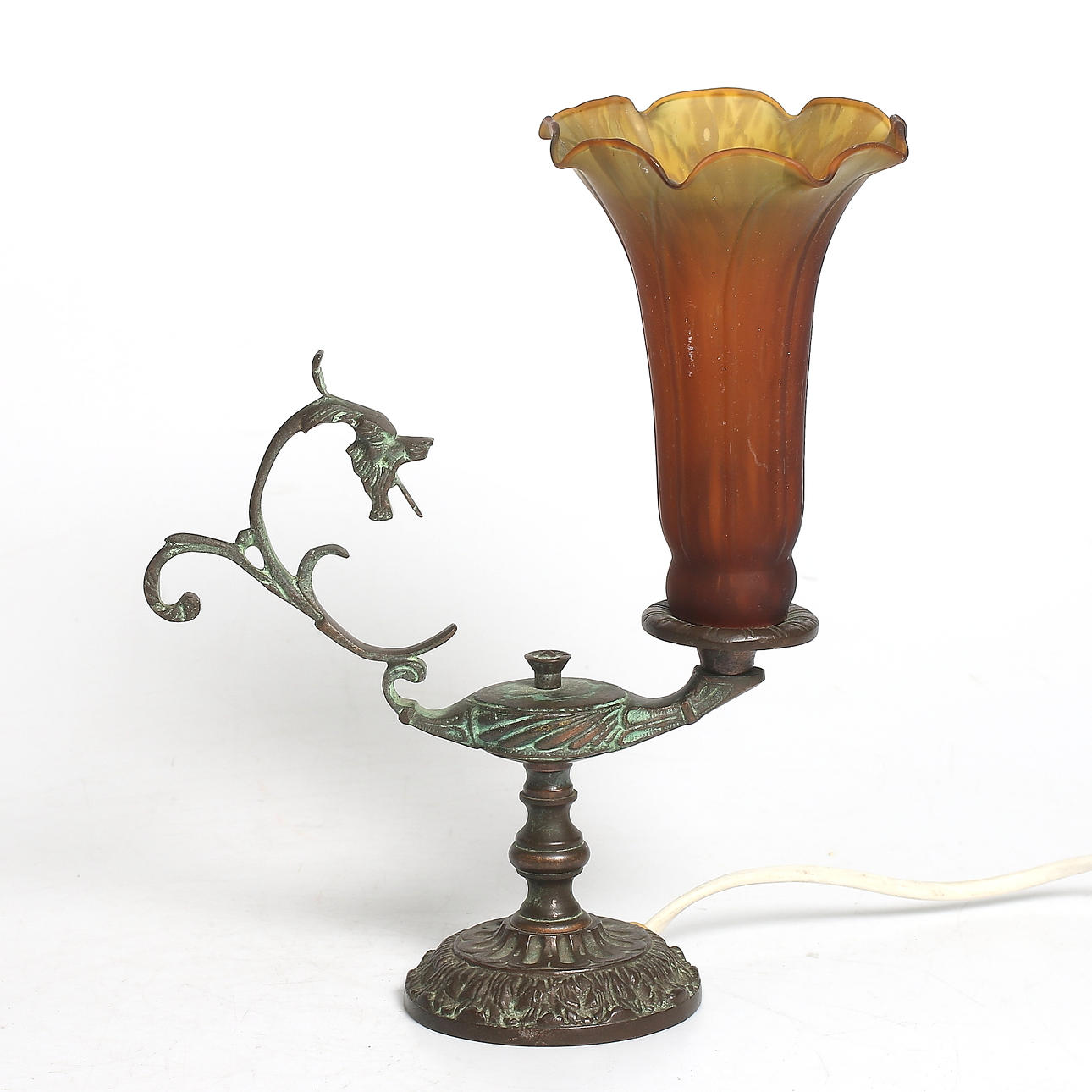 BORDSLAMPA, metall samt glas, Jugendstil. 1900-talets mitt.