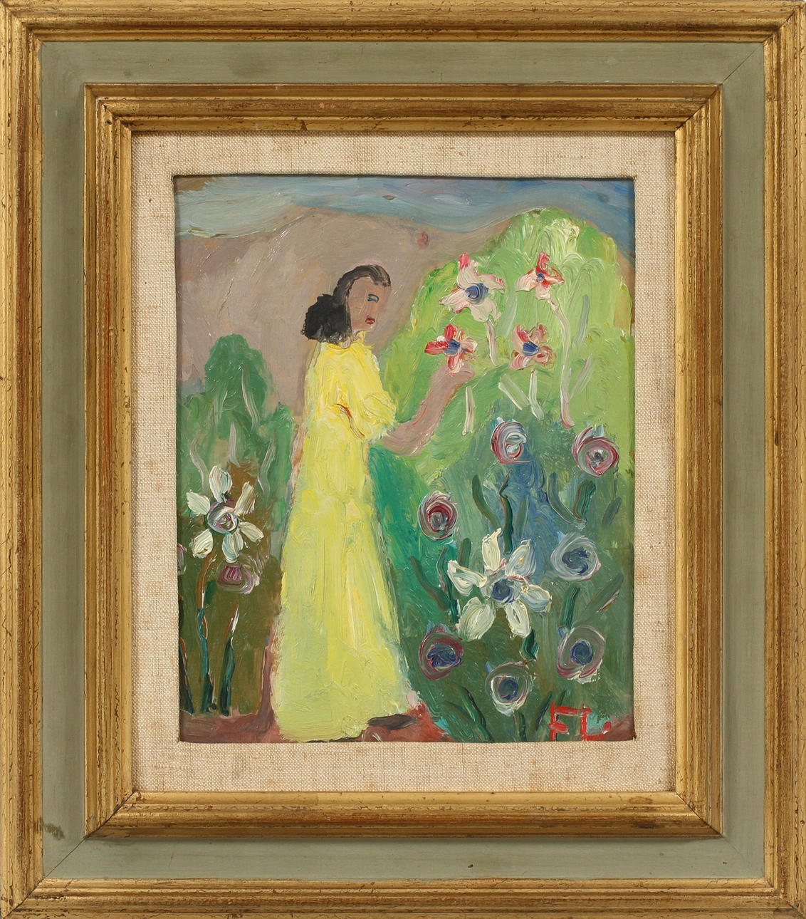 FRANS LARSON. "Flicka och blommor", olja på pannå, signerad.