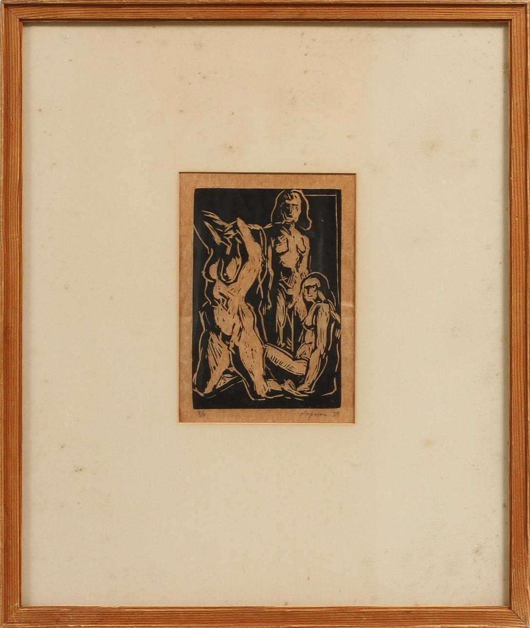 PIERRE OLOFSSON. "Tre figurer", träsnitt, signerad och numrerad 9/11.