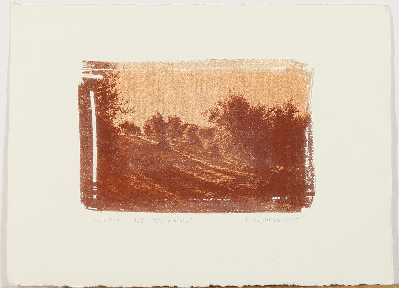 EVANGELINA ESPARZA. "Olive field" grafiskt tryck, signerad E Esparza, numrerad 1/3 samt daterad 2015.