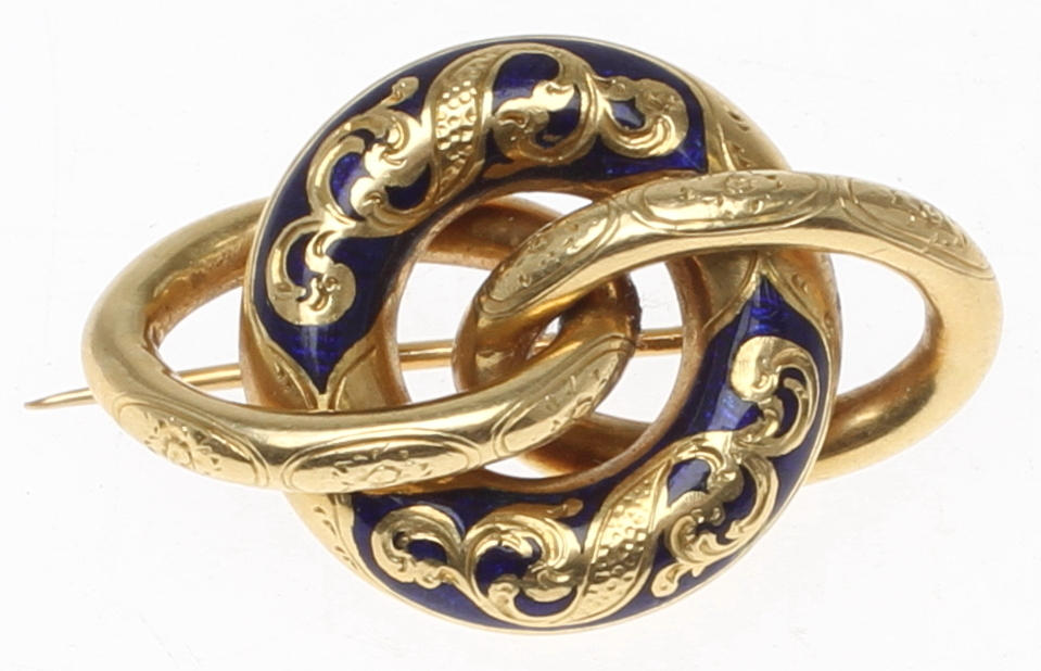 BROSCH 18k guld, emaljarbete, 1800/1900-tal. Vikt 8,1 gram.