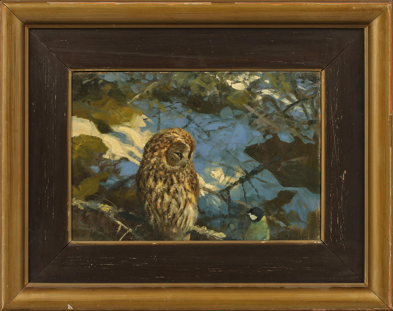 THURE WALLNER. Eule und Vogel, Öl auf Platte, signiert.