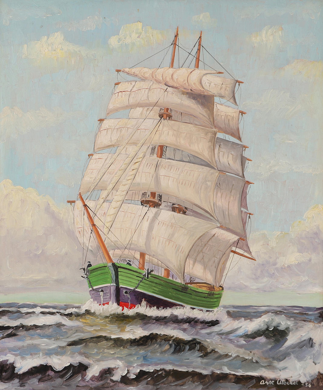 ARNE WEIKEL. Full rigger, oil on panel, signed -56.