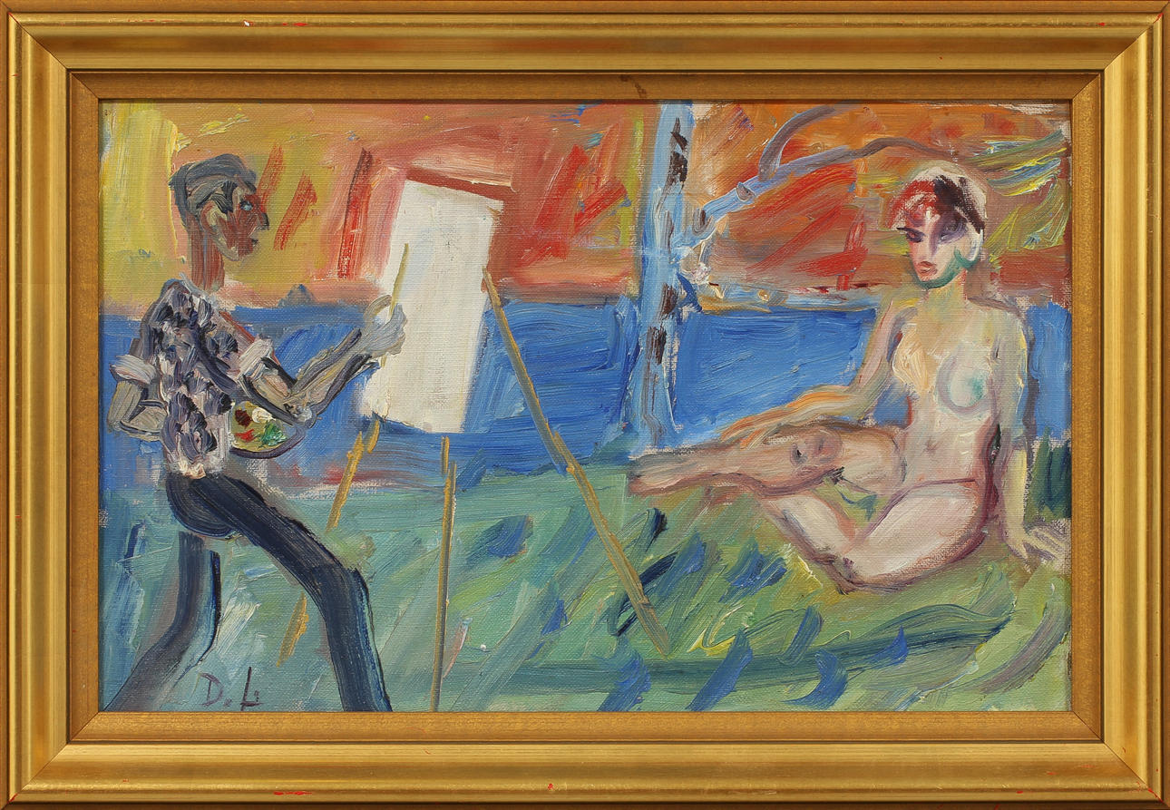 DAVID LARSSON. Konstnär och modell, olja på pannå, signerad.