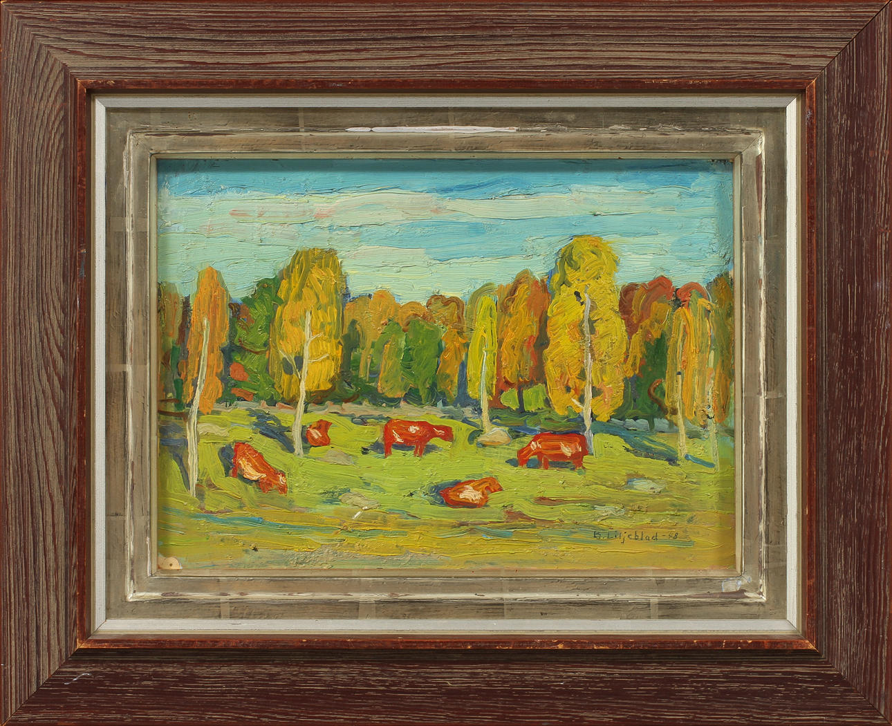 BERTIL LILJEBLAD. Landskap med kor, olja på pannå, signerad 48.