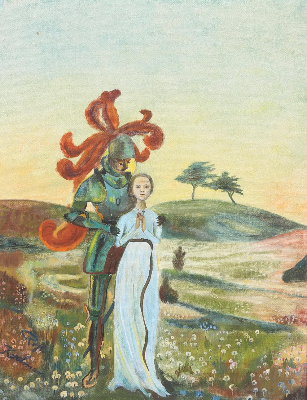 OIDENTIFIERAD KONSTNÄR. oil on panel, The Knight and the Virgin, signed.
