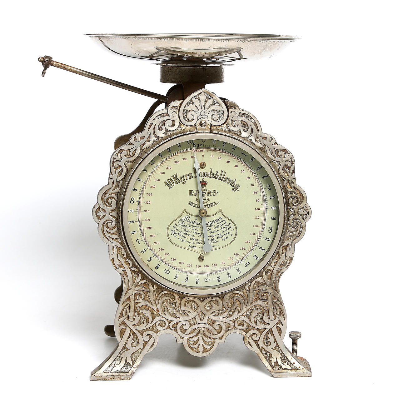 HUSHÅLLSVÅG, metall och glas, Eskilstuna Jernmanufaktur, 1900-talets början.