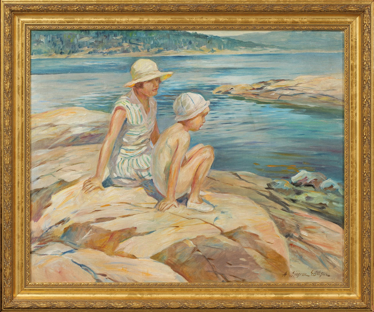 ANNA SJÖGREN ERICHSON. Figurer på klippa, olja på duk, signerad.